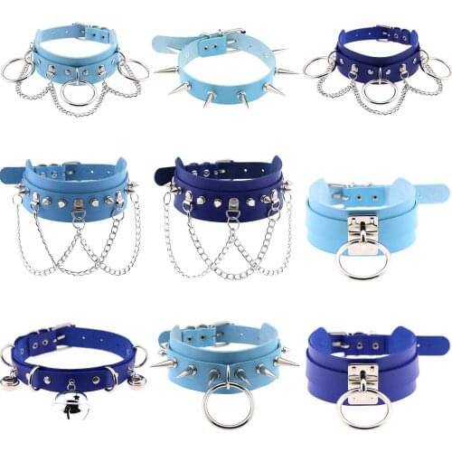 2021 Fashion Punk Blue Leather Choker Necklace Multilayer Heart Round Chocker Sexy Collar E Girl Women Necklace Gothic Jewelry