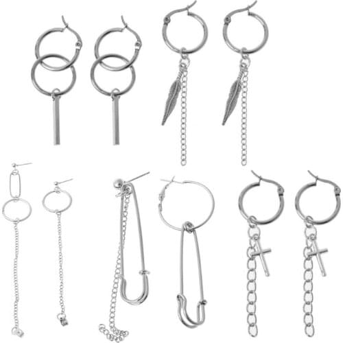 Punk Moon Cross Safety Pin Chain Drop Personality Earring Kit Unisex Man Women Jewelry Set