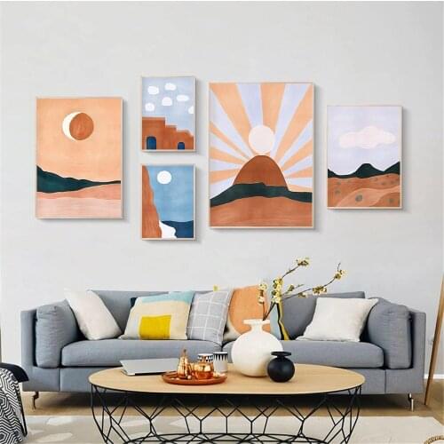 Boho Sun Canvas Art Poster Abstract Clouds Mountain Landscape Print Painting Mid Century Vintage Wall Art Pictures Home Decor