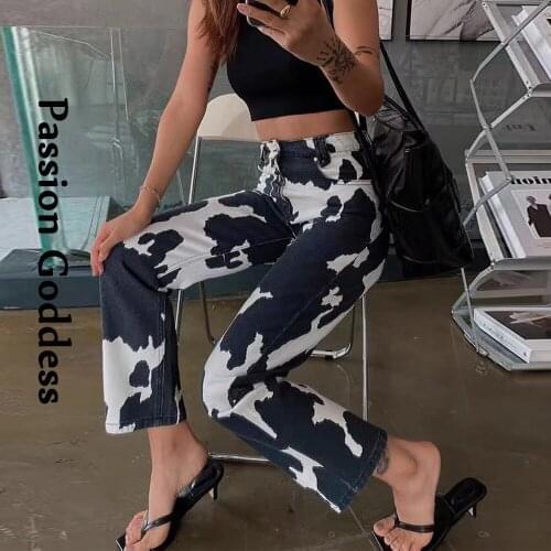 Casual Women Cow Printed Straight Jeans Pants Loose Four Buttons Denim Trousers Female High Waist Denim Jeans Long Pantalon yk2