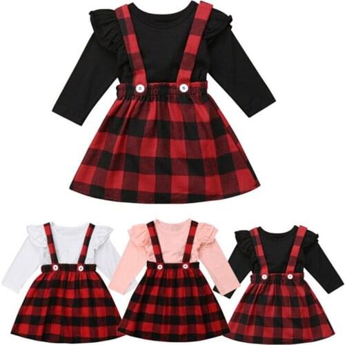 Pudcoco US Stock Free Shipping Christmas Baby Girl Clothes Set Tops+Overalls Strap Plaid Skirts Outfits Toddler Clothes