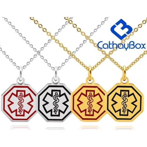 Silver ColorGold Rose Gold Tone Personalized Stainless Steel Red Medical Alert ID Blank Dog Tag Custom Engraved Pendant Necklace