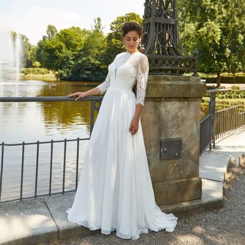 Chiffon Wedding Dress Plus Size Floor Length 3/4 Long Sleeve Lace Applique Beach Bridal Gowns Vestido de Novia Modest No Train
