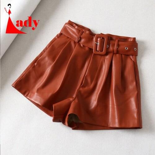 Women Black Orange Color PU Leather High Waist with Belt Wide Leg Faux Leather Shorts High Quality Winter Loose PU Shorts
