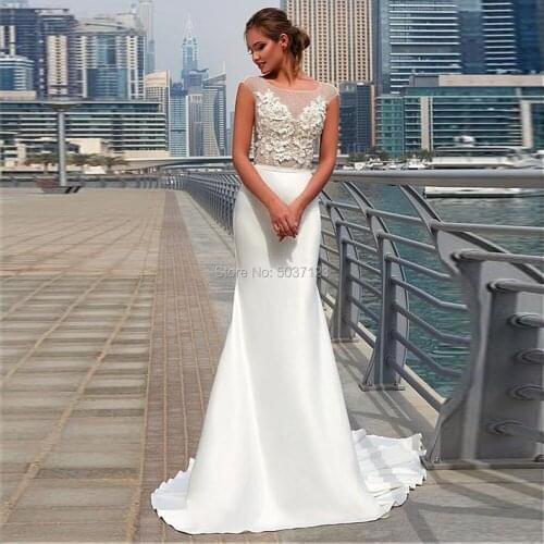 Jewel Scoop Neckline Open Back Mermaid Wedding Dresses Polka Dot Tulle & Acetate Satin 3D Flowers Appliques Bridal Gowns Lace Up