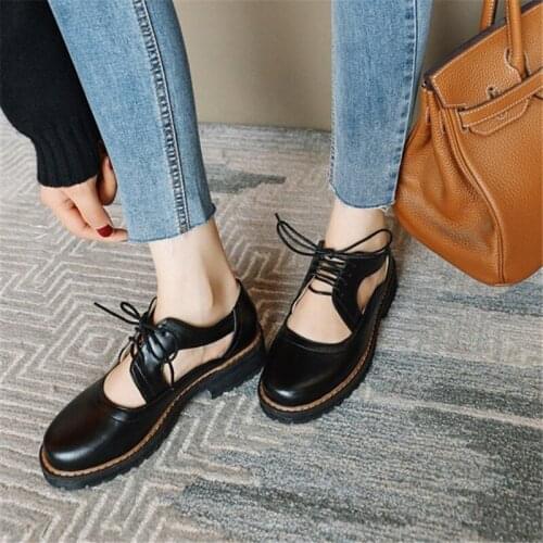 PXELENA Retro Cut Out Chunky Low Heels Gladiator Shoes Women Lace Up Round Toe Comfort Casual Pumps Black 2020 Spring Plus Size