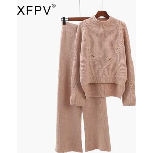XFPV 2021 Autumn Winter New Arrivals Long Sleeve Knitted Wide Leg Pants Sweater Loose Temperament Two Piece Set Womens SM116