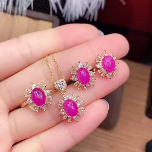 Anniversary Best Gift Ruby jewelry set Natural Real Ruby 925 sterling silver 1pc Ruby pendant,1pc ruby ring,2pcs ruby Earring