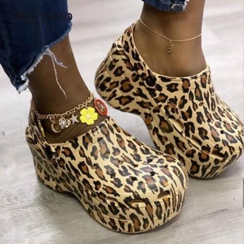 INS Hot Popular Leopard Shoes Serpentine Small Hole Women High Heel Sandals Cute Slippers Platform Summer Ladies Casual Shoes