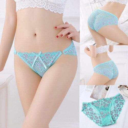 Summer Woman Panties Sexy Lace Floral Hollow Mid-rise Hip Up Lingerie Bow Ribbon Metal Decoration Transparent Breathable Briefs