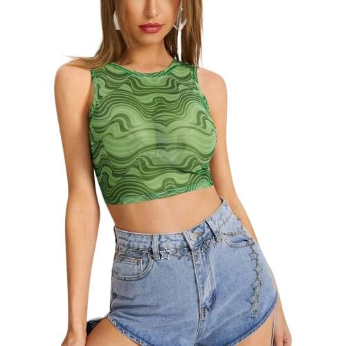 Women Crew Neck Tank Tops, Sleeveless Abstract Striped Print Tie Back Mesh Crop Tops