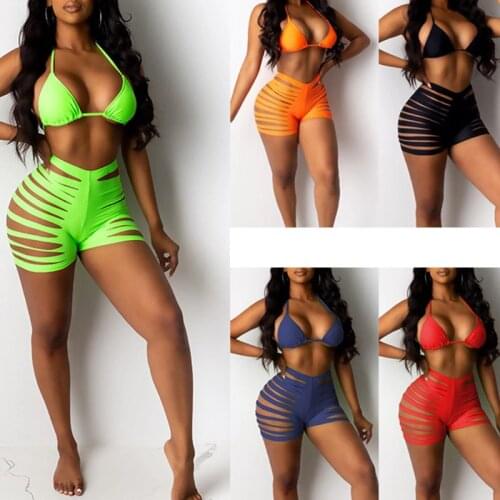 Women Sexy Neon Solid Color Brazilian Bikini Set Halter Triangle Bra Swimsuit High Waist Hollow Out Shorts Strappy Bathing Suit