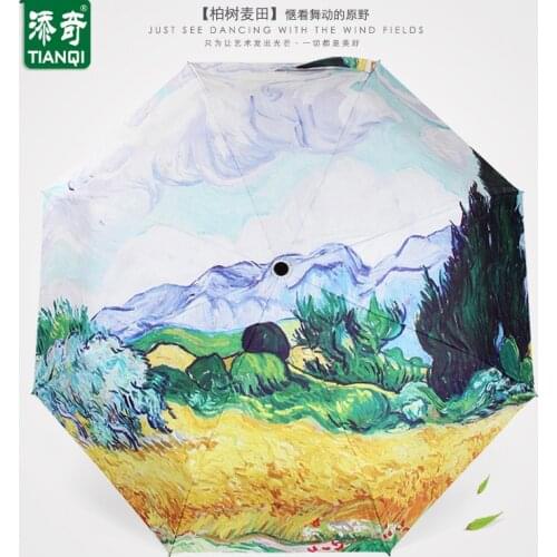Oil Painting Rain Umbrella Folding Sunshade Van Gogh Drawing Scenery Umbrella Waterproof Art Umbrella Sombrillas Para