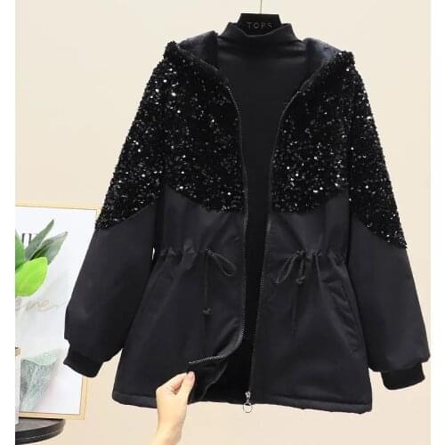 2021 New Autumn Women Jacket Long Sleeve Hooded Female Windbreaker Heavy industry Sequins Jackets Loose Black Overcoat Outwear