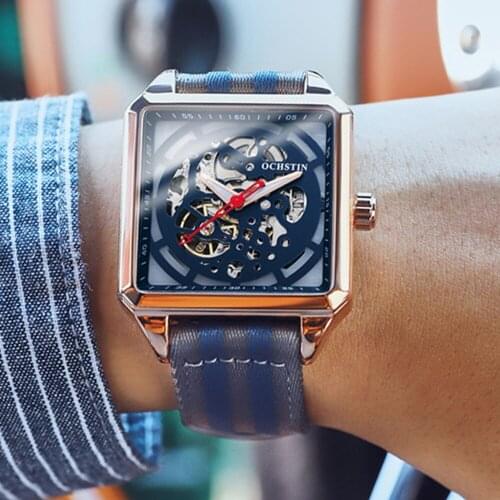 New Square Top Luxury Automatic Mechanical Sports Watch Mens High End Casual Skeleton Wristwatch Nylon Strap Relogio Masculion