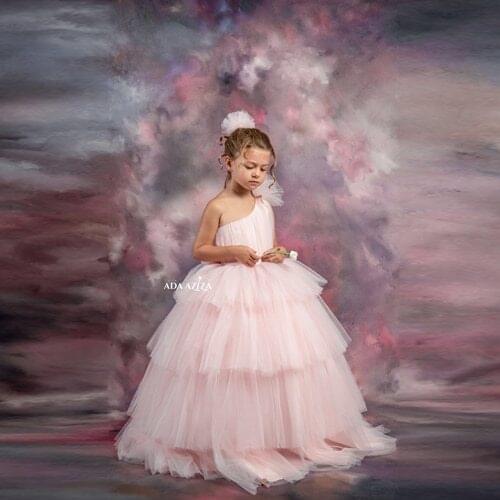 Sweet Pink Kids Flower Girl Dresses One Shoulder Fluffy Ruffled Tulle Kids Formal For Wedding Party Holy Communion Dresse
