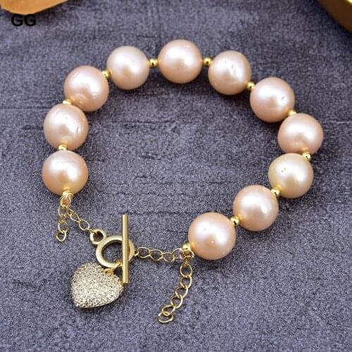 GuaiGuai Jewelry 8'' 11-12MM Pink Purple Keshi Pearl CZ Pave Heart Pendant Bracelet