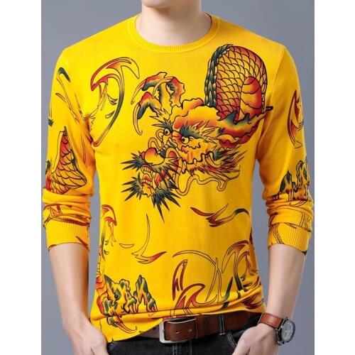 Autumn Fashion Spring Brand Mens Casual Slim Dragon Print Tattoo Design Long Sleeve Knit T-shirt S-2XL High Quality