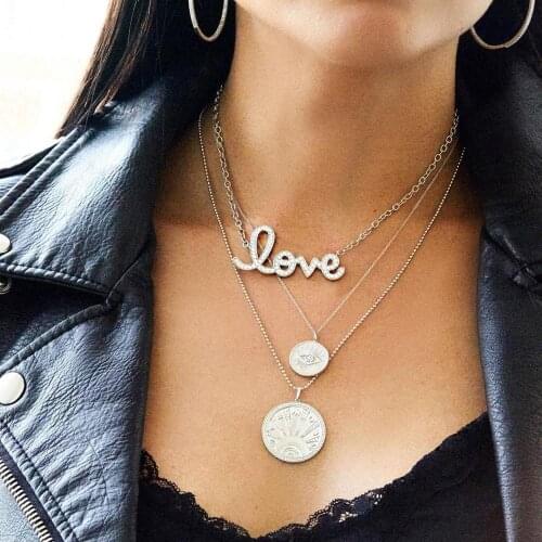 Classic new design fashion lady women jewelry white rainbow cz love letter charm with rectangle open link chain love necklace