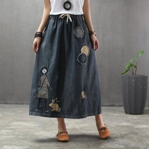 Plus Size Cartoon Embroidery Denim Skirts Women Vintage Art Ripped Oversized Female Elastic High Waist Long Maxi Jeans Skirt