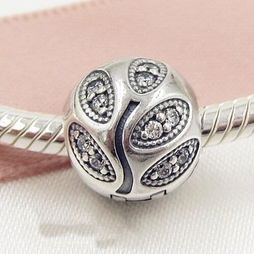 S925 Silver DIY Jewelry Sparkling Leaves Clips Stoppers Charm fit Lady Bracelet Bangle Pale Cerise Clear CZ