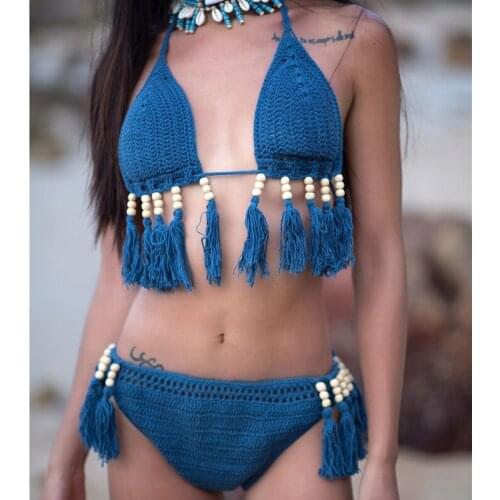 2019 summer handmade crochet tassel beads Bikini set sexy women Swimsuit Swimwear Biquinis Bathing suits Beach Wear Swim 4 color