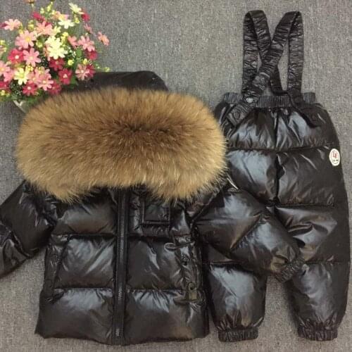 2020 Childrens Winter Suit for Girls Warm Down Fur Boys Snow Sutis Sports Real Fur Kids Clothing Sets Windproof Child Outfits
