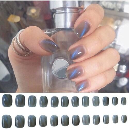 24Pcs False Nails Blue Cat Eye Design Full Cover On Nail DIY Manicure Art Accessory Stickers Ultra Thin Fake Nails Set