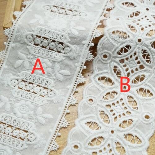 3 Yards Natural White 100% Cotton Embroidered Floral Lace Fabrics, Eyelet lace trim Womens Clothing Diy Lace Trim