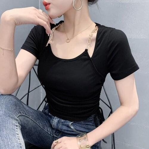 #6069 Summer Tops For Women Sexy Club Short T Shirt Women Short Sleeves Cotton Streetwear Tshirt Side Drawstring T Shirt Femme