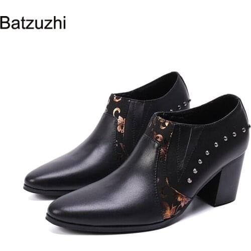 Batzuzhi 7cm High Heels Mens Shoes Pointed Toe Black Leather Ankle Boots Men Slip-on Rivets Party Botas Hombre, Big Size 38-46