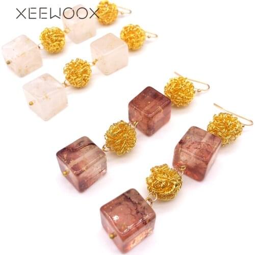 Acrylic Block Big Golden Color Wire Ball Long Drop Statement Woman Girl Drop Earring XEEWOOX Festival Anniversaries Gift New