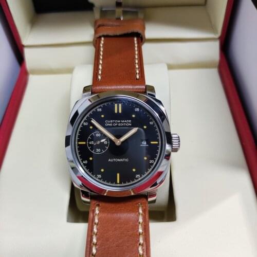 44MM Watch Men Stainless Steel Case Seagull Automatic Movement Luminous Date Watch Mens Clock Military Leather Strap P1