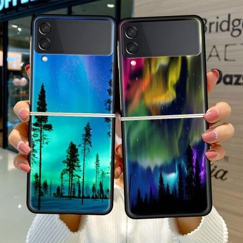 Black Hard Case For Samsung Galaxy Z Flip 3 5G Luxury PC Shockproof Phone Cover ZFlip 3 Bumper Fundas Northern Lights Sky Coque