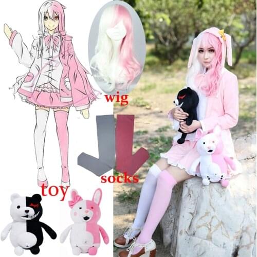 Danganronpa 2 Monomi Pink White Rabbit Uniform Dress Outfit Anime Cosplay Costumes Dangan Ronpa White Pink Mix Synthetic Hair