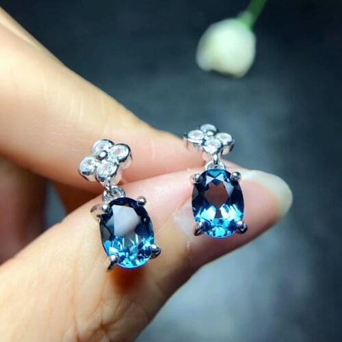 Fashion Style Natural London Blue Topaz ear nail 6 * 8mm 925 sterling silver drop earrings birthday gift envelope