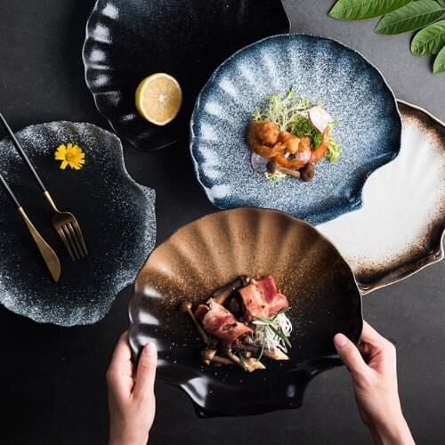 Retro Japanese Shell Shaped Ceramic Dinner Plate Irregular Porcelain Serving Tray Dinnerware Set Anti Slip Household Salad Plate