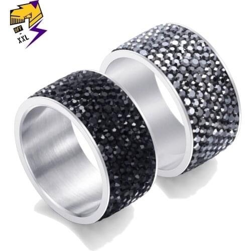 Hiphop Rock Ice Out Crystal Rings for Men 12mm Wide Silver Stainless Steel Gun Black Stone Ring Women Christmas Jewelry