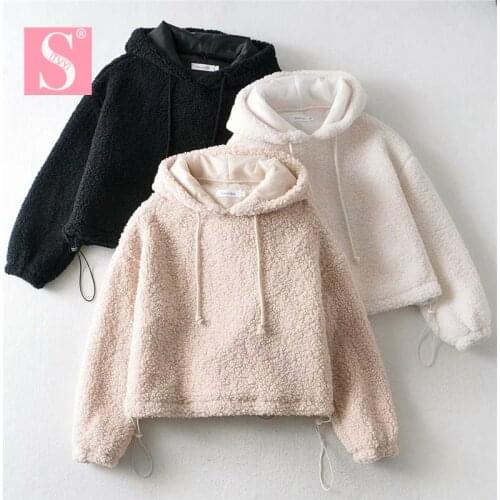 STVY Lambswool Short Style Sweatershirts 2020 Autumn Winter Warm Loose Pullovers Long Sleeve Sheep Fleece Hoodies Sweatershirts