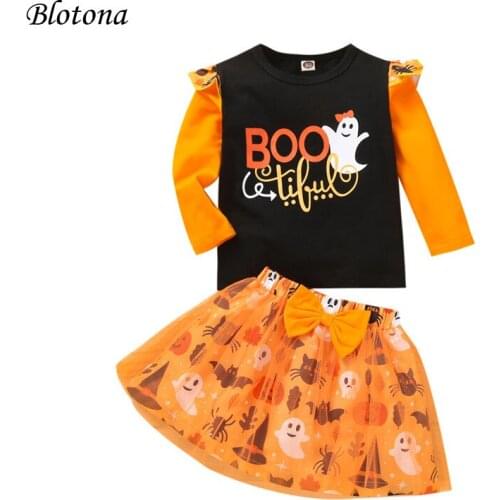 Blotona 2Pcs Kids Girls Halloween Suit Set, Summer Cartoon Patters Print O-Neck Long Sleeve Tops+ Midi Skirt, 1-4Years