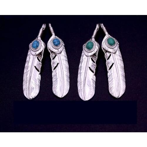 S925 sterling silver tide jewelry Thai silver men and women turquoise feather pendant sweater chain pendant