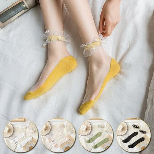 Summer Daisy Short Socks Women Transparent Invisible Glass Silk Socks Girls Thin Breathable Flower Ruffle Ankle Socks