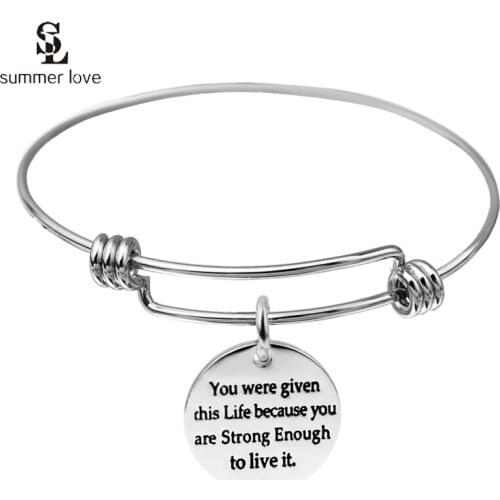 New Engraved Positive Inspiration Charm Stainless Steel Wire Bracelet Silver Color Adjustable Expandable Bangle Jewelry Gift
