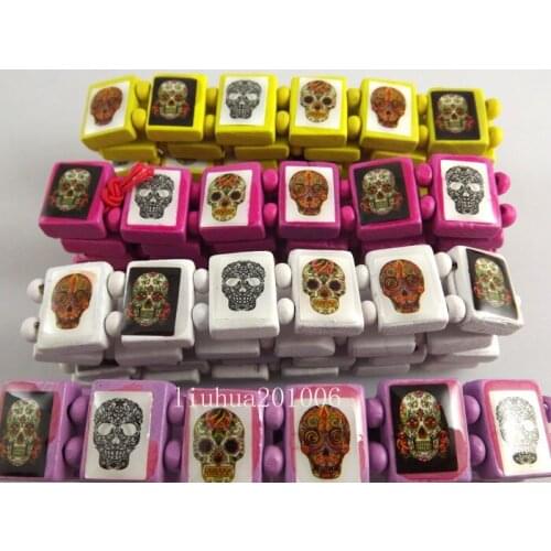 Wholesale 48 pcs beautiful four-color mixed skull pattern elastic wooden bracelet Free shipping