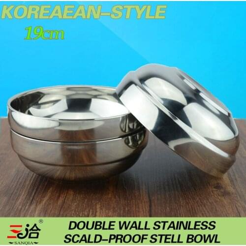 Wholesale /retail 19cm/1200ml hight quality stainless steel double wall anti-hot Korean bowl picnic tableware
