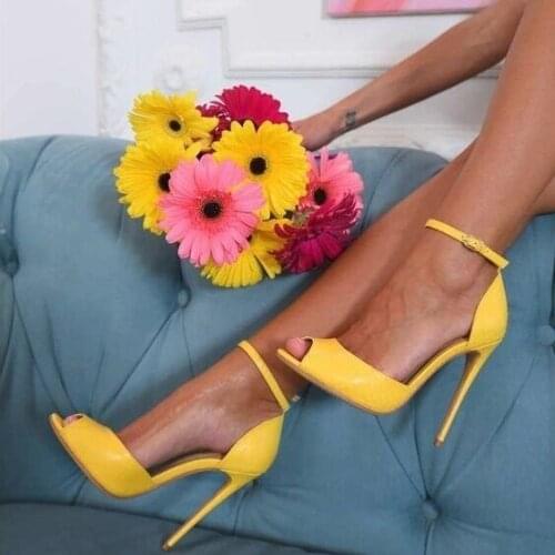 Sexy Yellow Patent Leather High Heels Pumps 12cm Peep Toe Ankle Strap Cut-out Ankle Strap Women Shoes High Heels Customized
