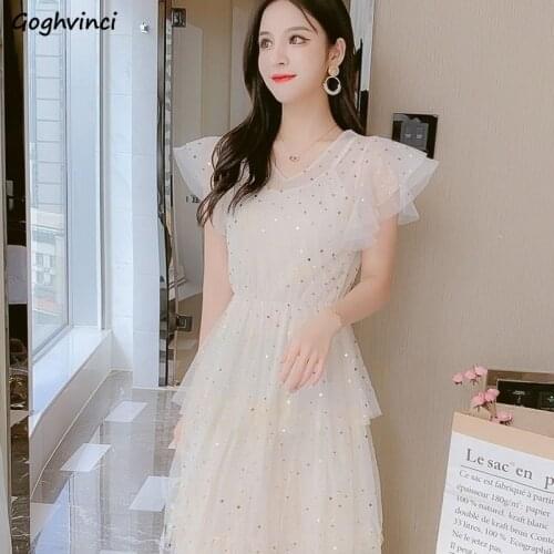 Short Sleeve Dress Weomen Bud Sequins Cascading Ruffle Empire Mid-calf Sweet Womens Korean Style Kawaii Slim Elegant Fashion New