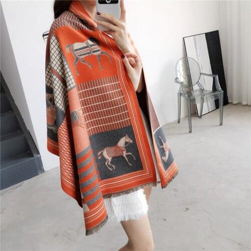 185cm Luxury Brand Design Horse Plaid 2020 Carriage Scarf Wraps Women Large Shawl Scarves Cashmere Warm Thicken Double-deck
