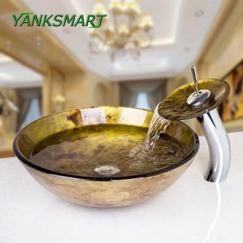 YANKSMART Bathroom Wash basin Sink Faucet Delicate Glass Round Sinks Waterfall Excellent Faucet Counter Top Basin Combo Set