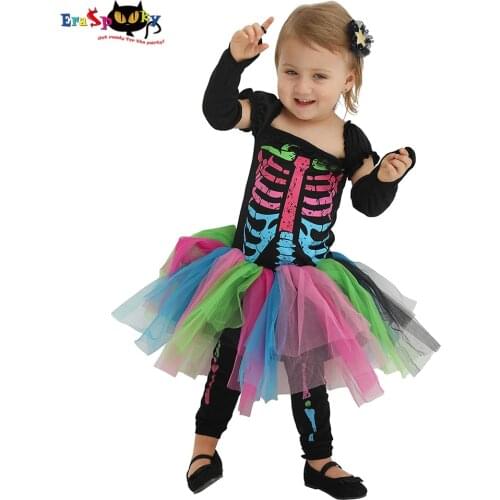 Eraspooky 2-4T Toddler Skeleton Tutu Dress Scary Halloween Costume for Kids Baby Girl Punky Bone Cosplay Carnival Outfit